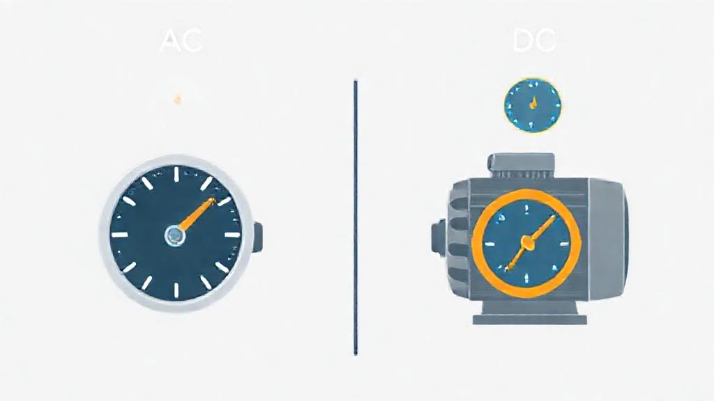 High quality professional illustration comparing AC and DC motor performance. Clean vector style using icons: speedometer, gear, electricity bolt, torque wrench, clock. No text, no labels, no characters, no gibberish words. Use color coding: blue for AC, orange for DC. Side-by-side comparison layout. Minimalist, sleek, suitable for industrial facility guide.
