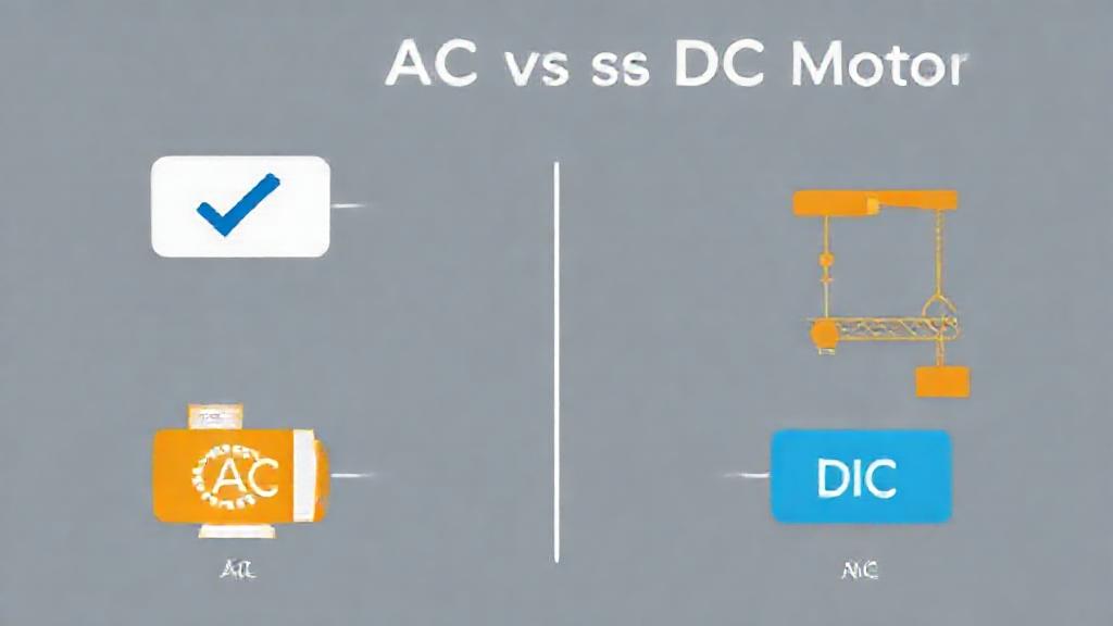 High quality decision flowchart choosing between AC and DC motor. Clean vector style using icons: checkmark, gear, speedometer, conveyor belt, hoist. No text, no labels, no gibberish words. Use color coding: blue for AC, orange for DC. Simple flowchart layout. Minimalist, sleek, suitable for industrial facility guide.