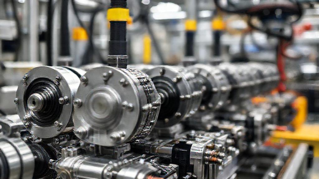 Close-up of modular motor components being assembled in a flexible manufacturing setup.